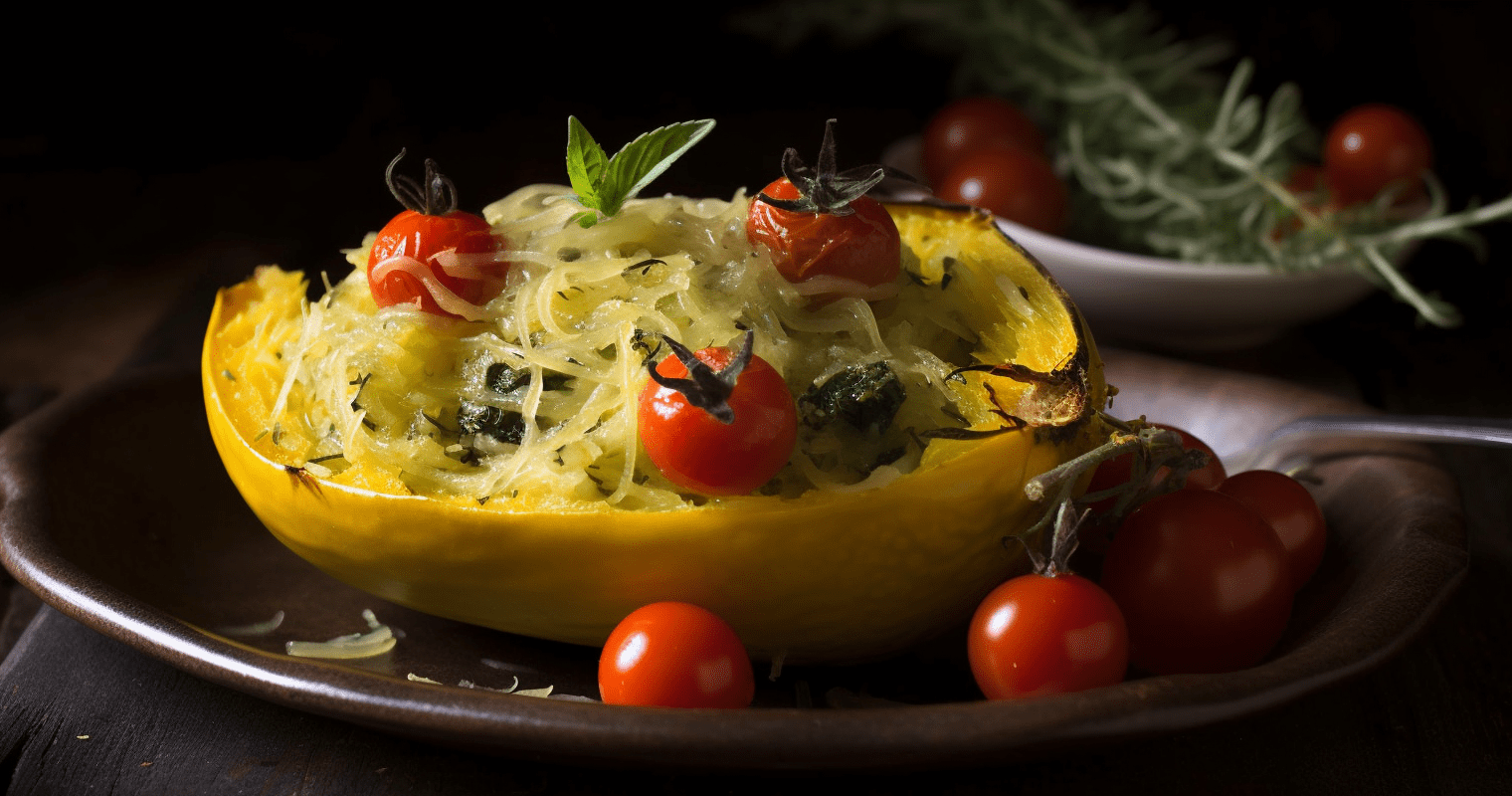 Spaghetti Squash with Pesto and Cherry Tomatoes