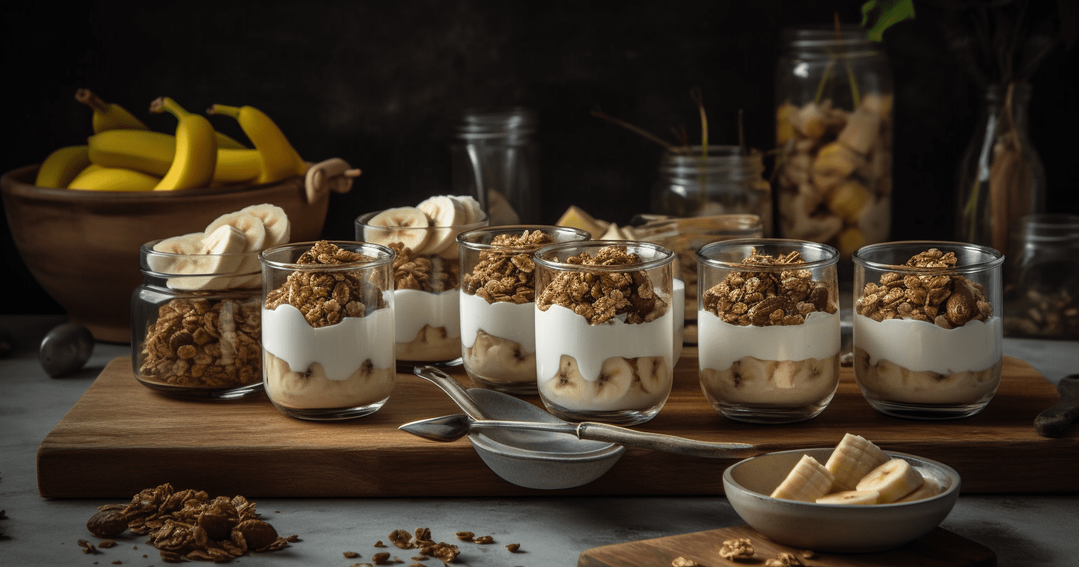 Greek Yogurt Parfait with Crunchy Granola and Sliced Bananas