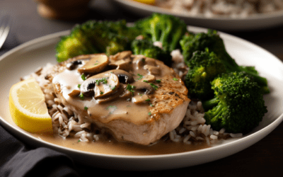 Deliciously Nostalgic Mushroom and Lemon Gravy Topped Pork Chops with Wild Rice and Roasted Broccoli