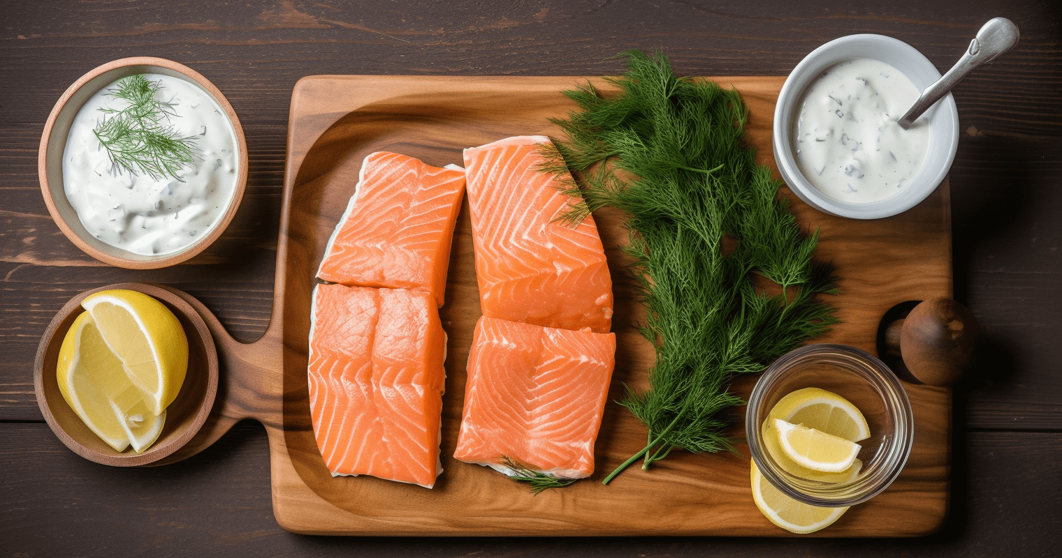 Salmon fillets and ingredients