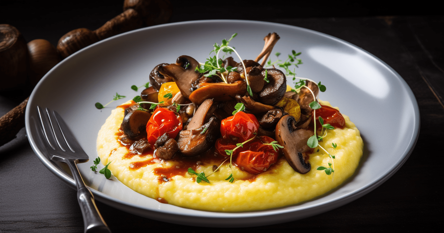 Sichuan Roasted Mushroom and Tomato with Polenta Final Dish